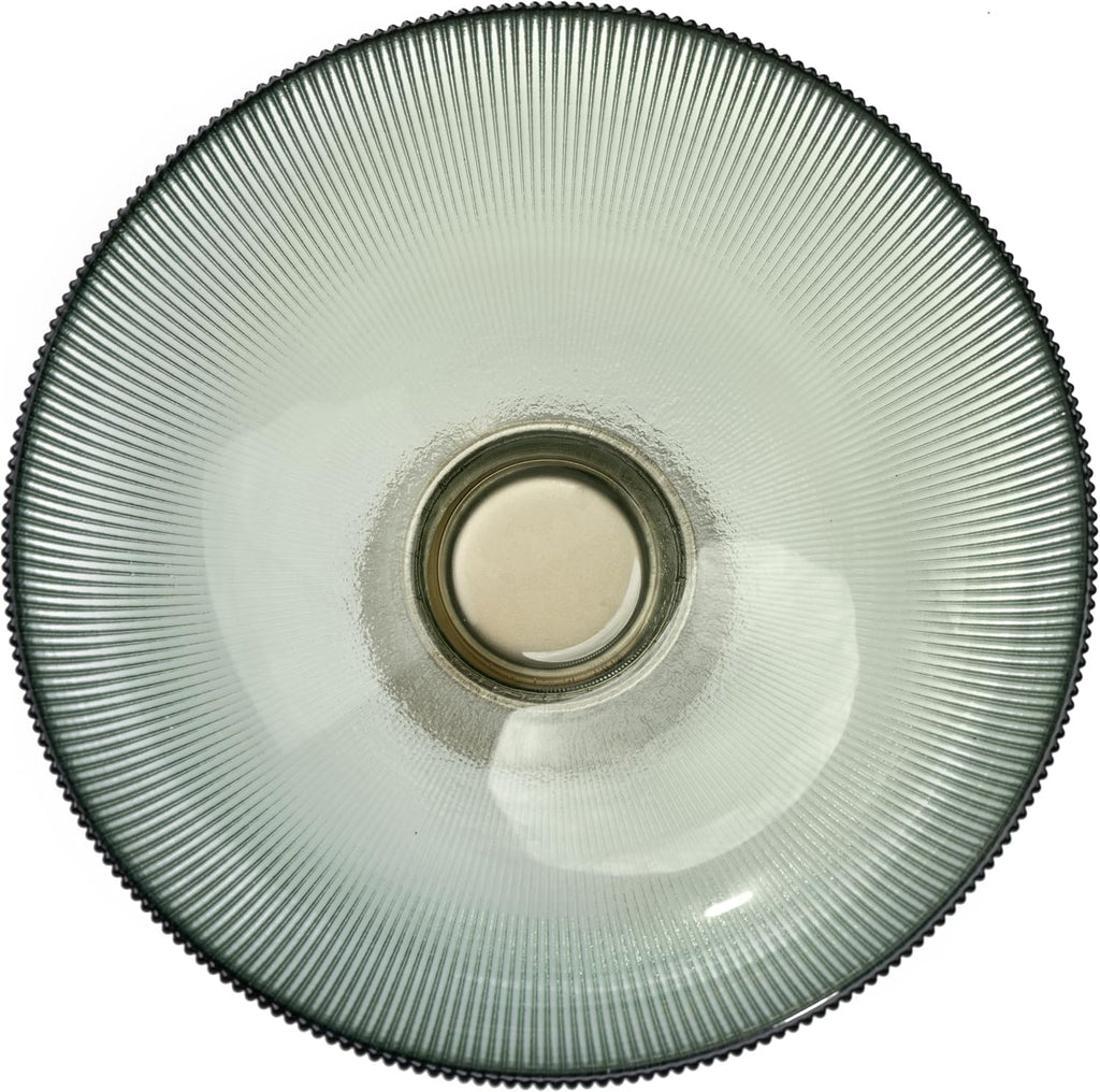 Round Glass Decorative Bowl (Green), 9.8 Inches Handblown Striped Design Glass Bowl with Rust Resistant Metal