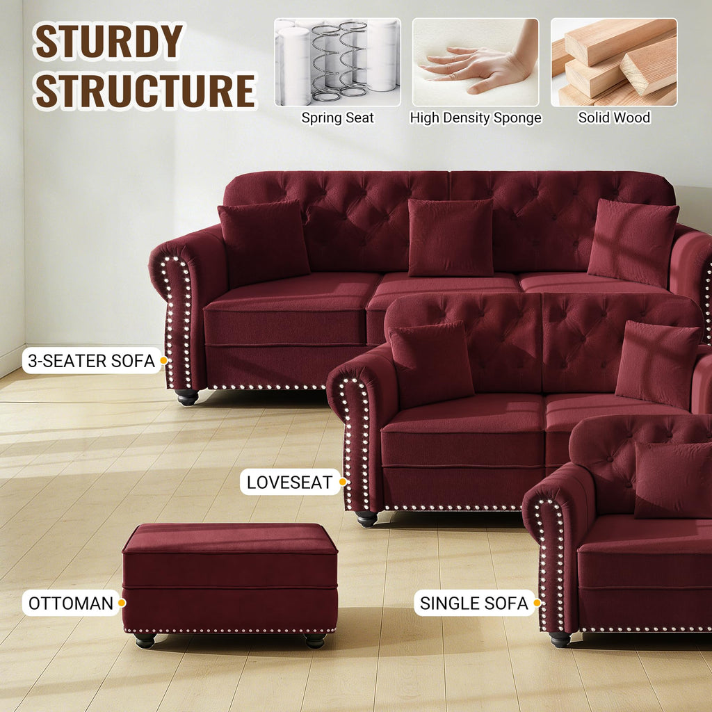 83" Velvet Chesterfield Sofa with Rolled Arms & Nailhead Trim & 1 Ottoman, Modern 3-Seater Button Tufted Couch with