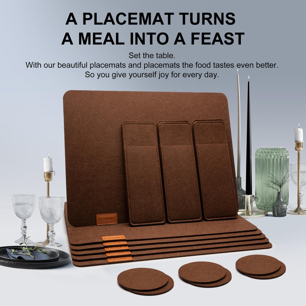 6 Placemats, 6 Coasters & 6 Cutlery Bags, Brown Felt Table Mats