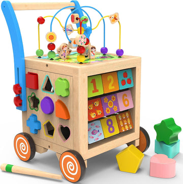 In-1 Wooden Activity Cube Walker for 1 Year Old, Sit-to-Stand Push Walker