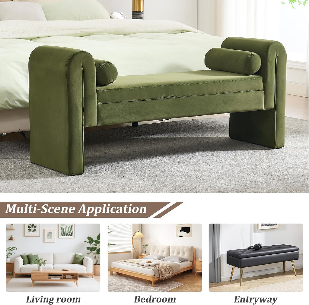 60.5" Velvet Upholstered Entryway Bench, Ottoman Bench End of Bed Bench with Armrest, Bedroom Bench with 2 Lumbar