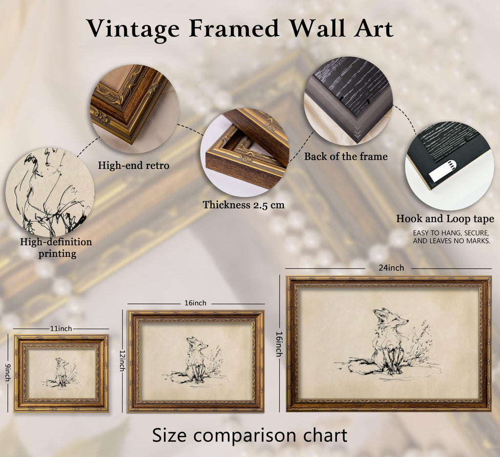Vintage Gold Framed Canvas Wall Art Fox Sketch Beige Painting Picture Wall Decor Rustic Neutral Wildlife Poster Print