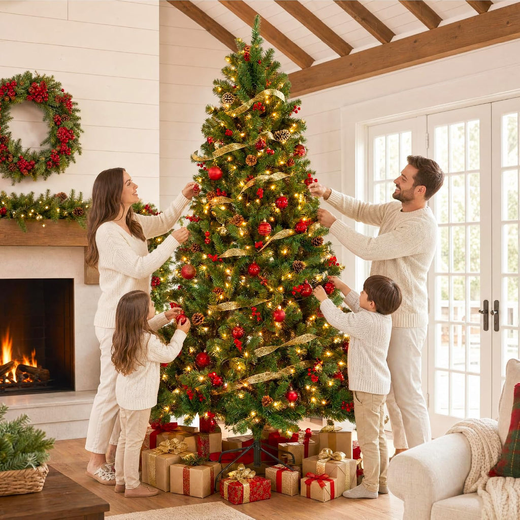 Pre-Lit Pre-Decorated Artificial Christmas Tree Spruce w/Twinkling LEDs Pinecones, Berries, 1,300 Lights, w