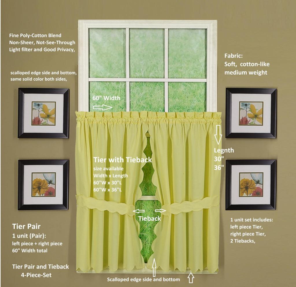 Orleans Scallop Curtain, Buttercup 30" Tier Pair and Tieback, 60" W x 30" L, Buttercup