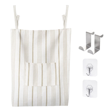Farmhouse Hanging Laundry Hamper with 2 Hooks, Boho Beige & Light Brown Stripes Laundry Bag with Zipper & Wide Open