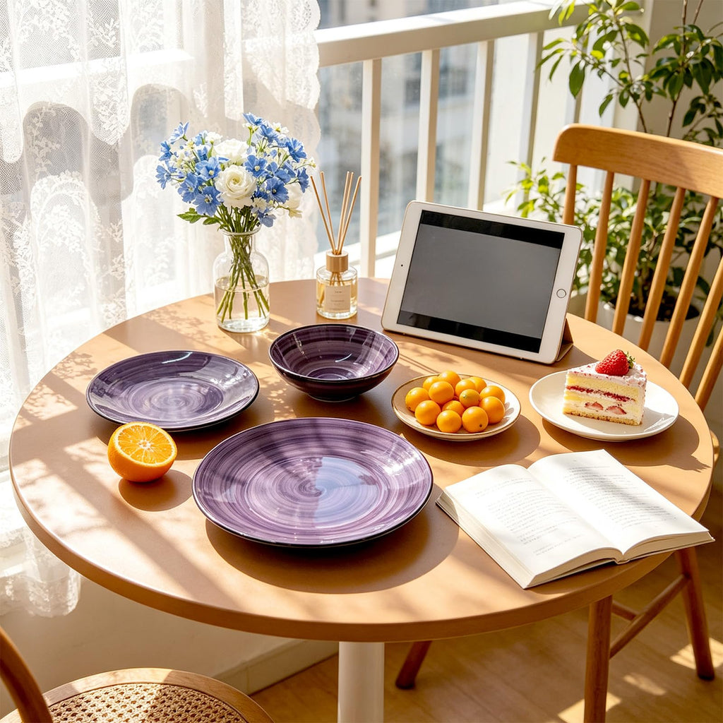 Stoneware Dinnerware Set, Sonoma 18 Piece Service for 6, Black & Speckled Purple Spinwash Plates and Bowls, Microwave