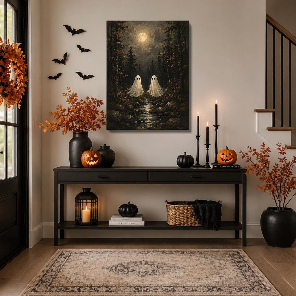 Halloween Canvas Wall Art, Two Ghosts Moonlit Forest Halloween Pictures