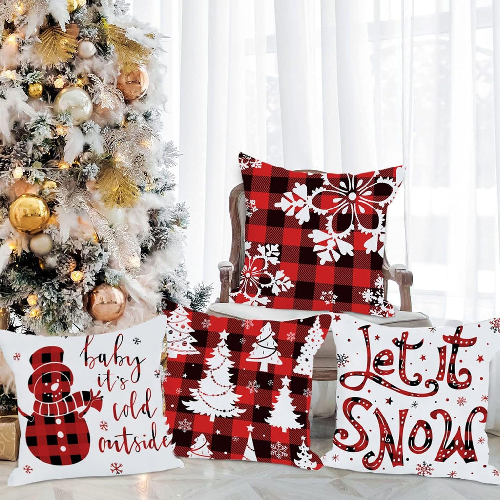 Red and Black Buffalo Plaid Merry Christmas Throw Pillow Covers 18x18 Outdoor Decorative Cases Winter - Set of 4