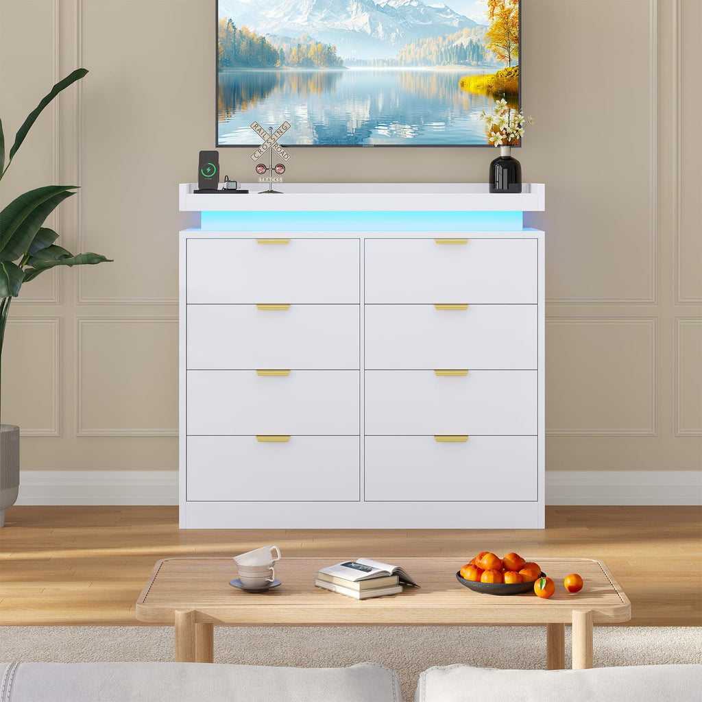 8 Drawer Dresser, White Dresser with LED Lights and Power Outlet, Large Wooden Dressers Modern Chest of Drawers