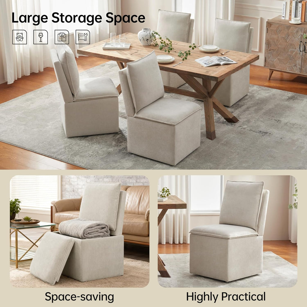 Upholstered Dining Chairs Set of 2, Modern Rolling Chairs with Storage and Wheels, Linen Armless Chair with Cushion