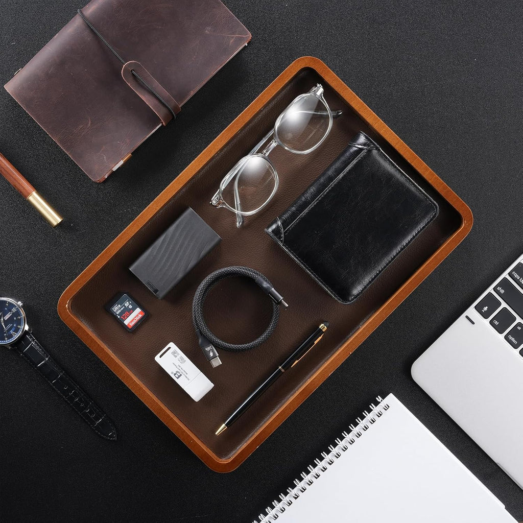 Wood Valet Tray for Men, Key Tray, Desk & Nightstand -DarkBrown
