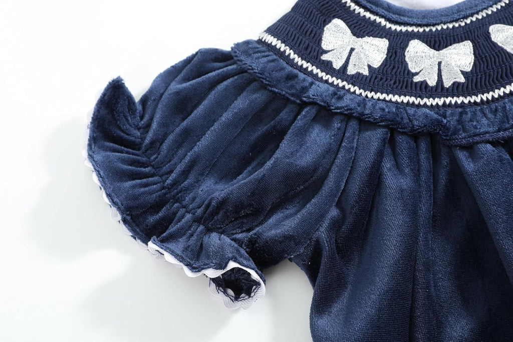 Baby and Girls Blue Velvet Silver Bows Smocked Ruffle Bishop Dress