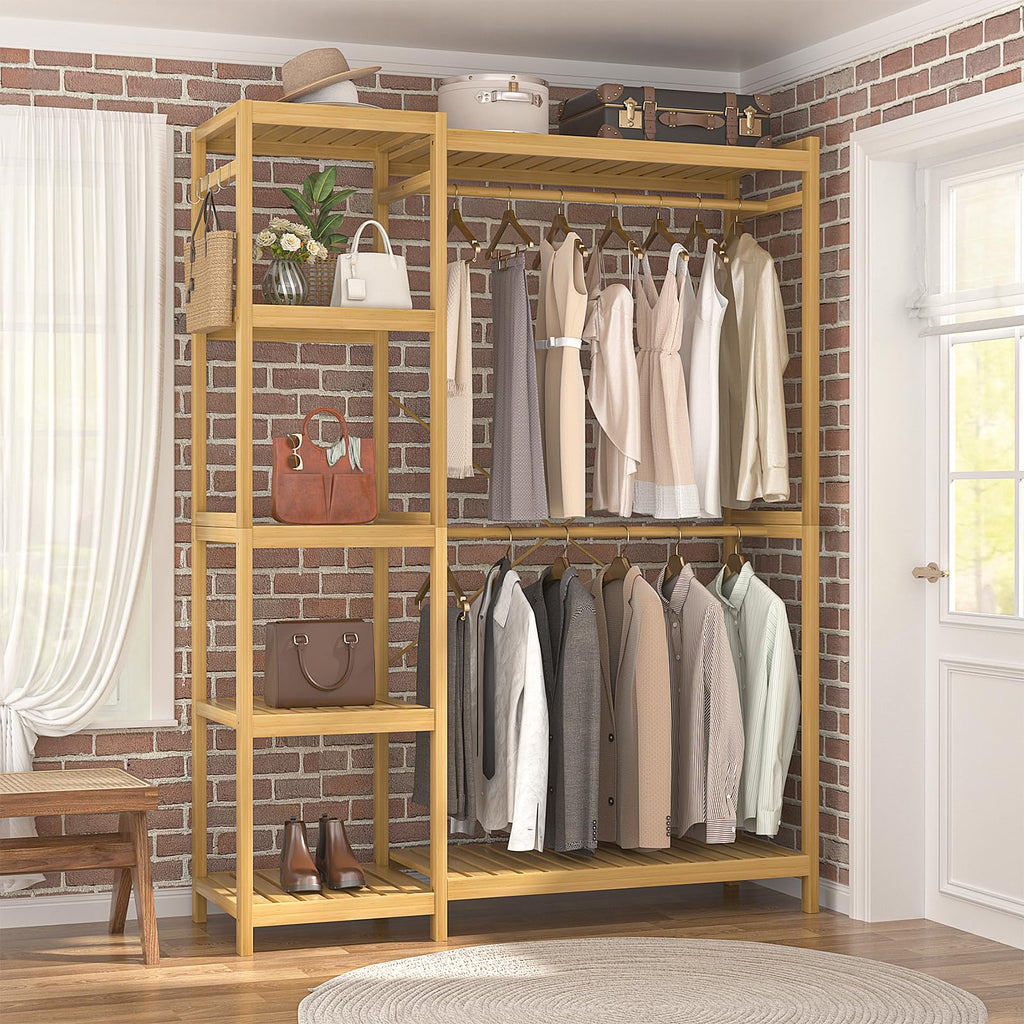 Bamboo Clothing Rack with 7 Adjustable Shelves, 2 Hang Rods