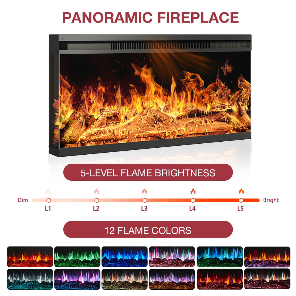 36 Inch 3-Sided Glass Fireplace TV Stand for TVs up to 80", Rustic Media Entertainment Center Console Table with