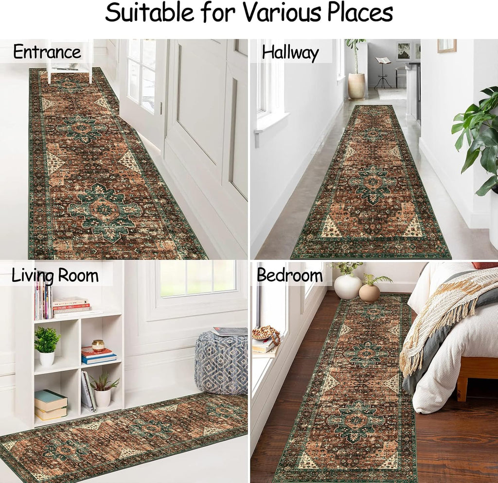 Ultra-Thin Washable Vintage Runner Rug - 2'6" x 10' Long Hallway Rug Carpet Runner, Boho Non Slip Stair Runner