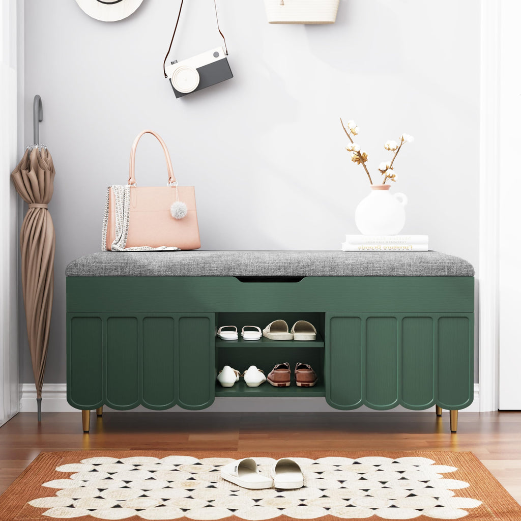 40" Upholstered Flip Top Entryway Shoe Bench, Green