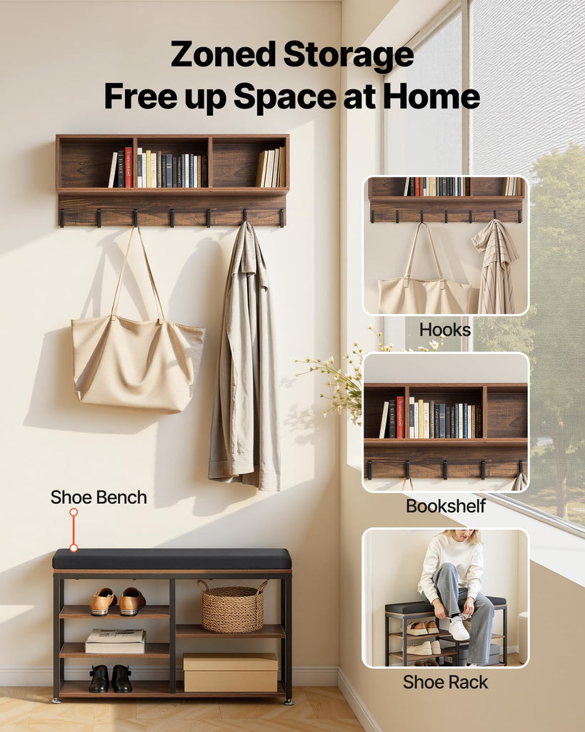 Coat Rack with Shoe Bench, 3-in-1 Shoe Coat Rack Combo Set with Hooks and Bookshelf, Steel Frame Hall Tree Entrance