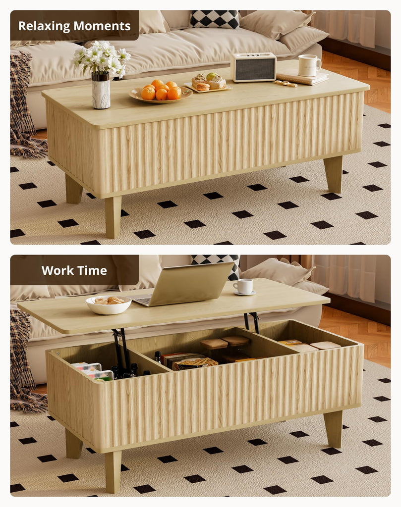 Rectangular Coffee Table with Lifting Top, Mid Century Modern Living Room Center Table, Wood Fluted Coffee Table, Oak