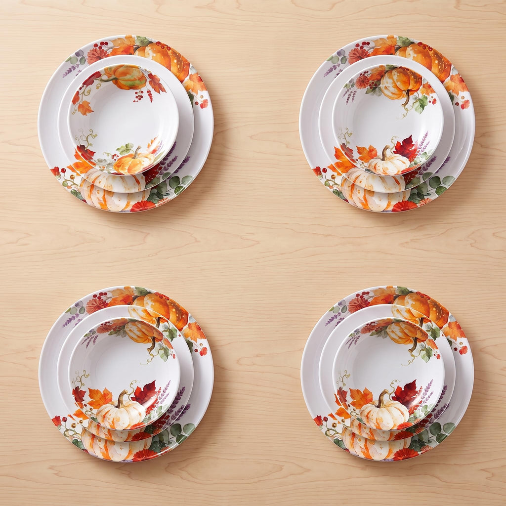 Melamine Dinnerware Set for 4, 12-Piece Pumpkin Plates and Bowls, BPA-Free