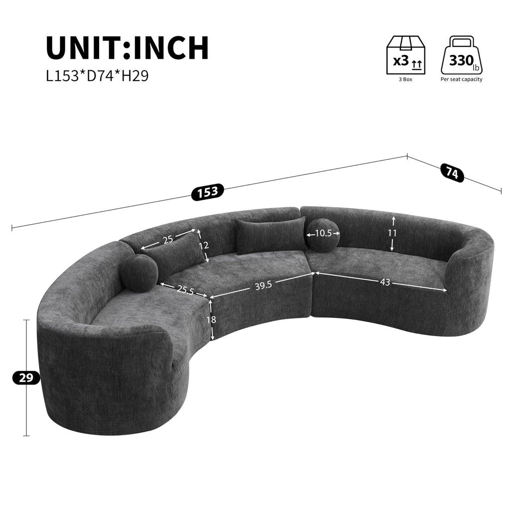 6 Seat Modular Curved Sectional Sofa, Frameless Chenille Arc Couch with 4 Pillows, Free Combination with Hook and