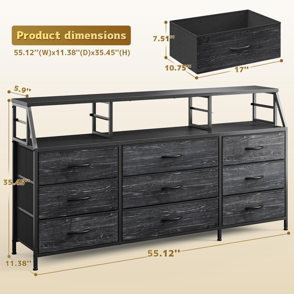 Black Dresser with 9 Fabric Drawers & Display Top Shelf