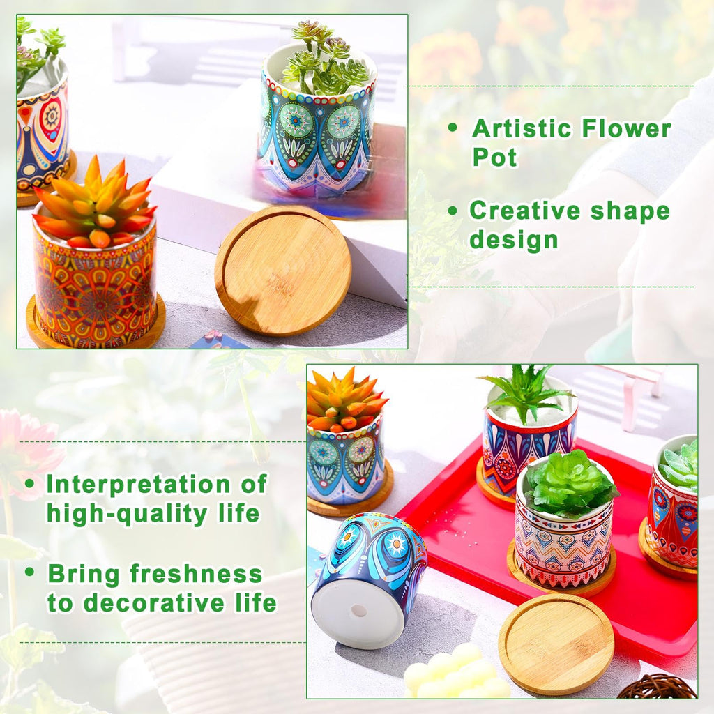 12 Pcs Mandala Ceramic Succulent Pots with Bamboo Trays, Colorful Boho Spring Decor Planters, Small Cactus Plant Pots