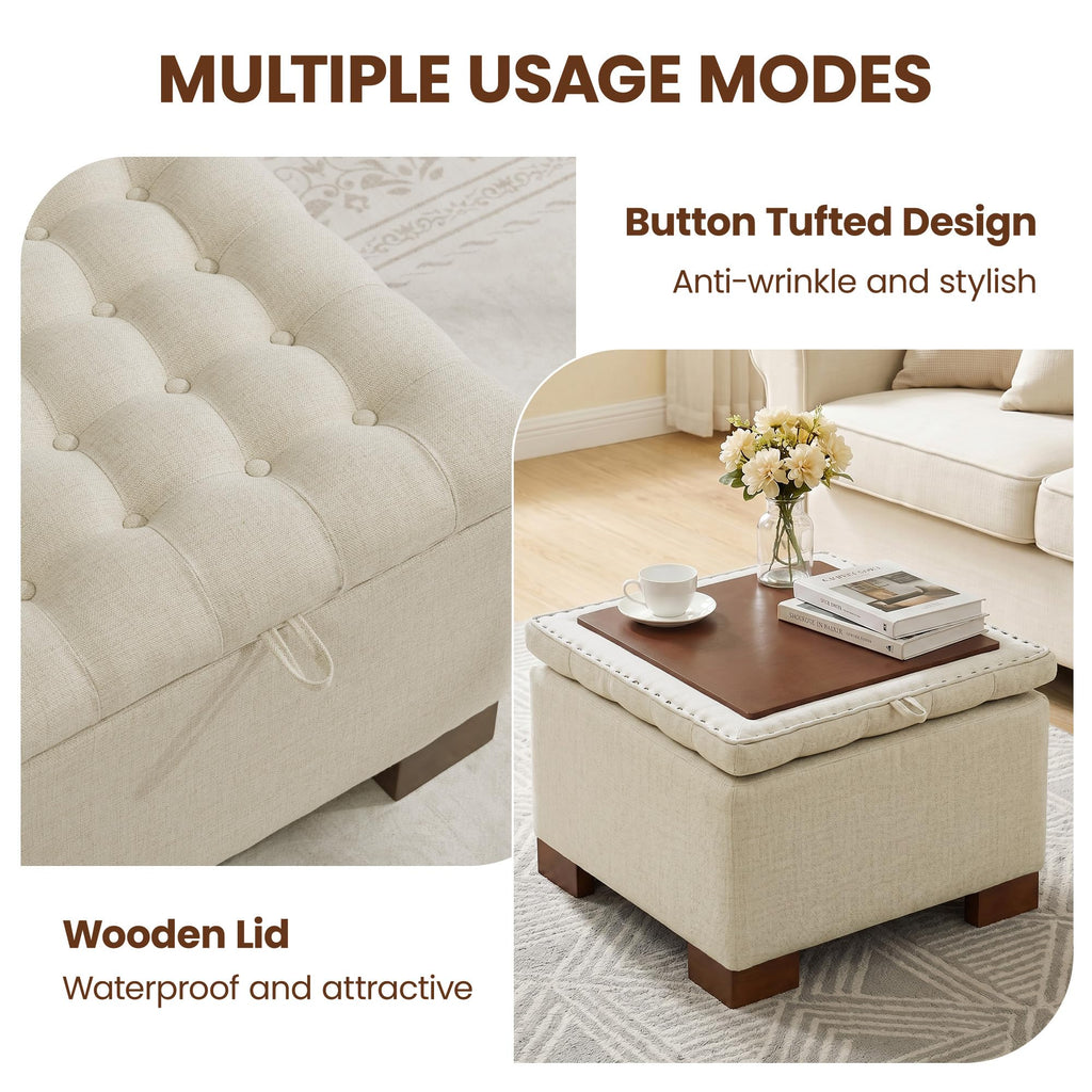 Square Storage Ottoman Coffee Table with Flip Tray, 24" Linen Khaki