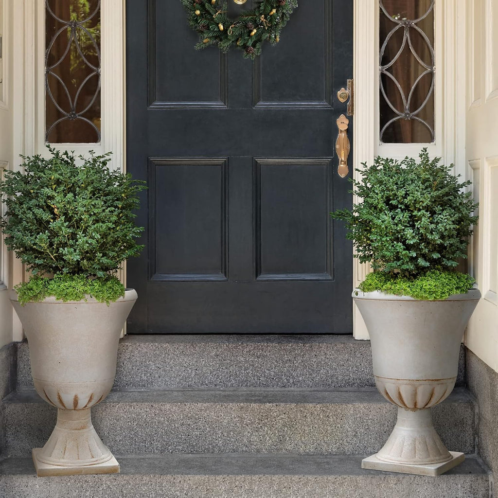 Plastic Urn Planters for Outdoor Plants, Tree 22'' Tall 2 Pack Round Classic Resin Flower Pots Indoor Beige