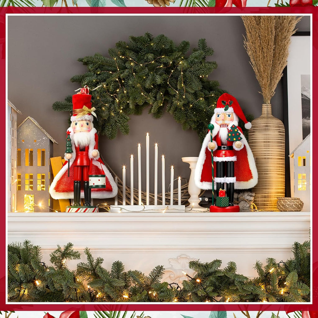 2 Pcs 14" Christmas Nutcrackers, Wooden Red Green White Santa Figures