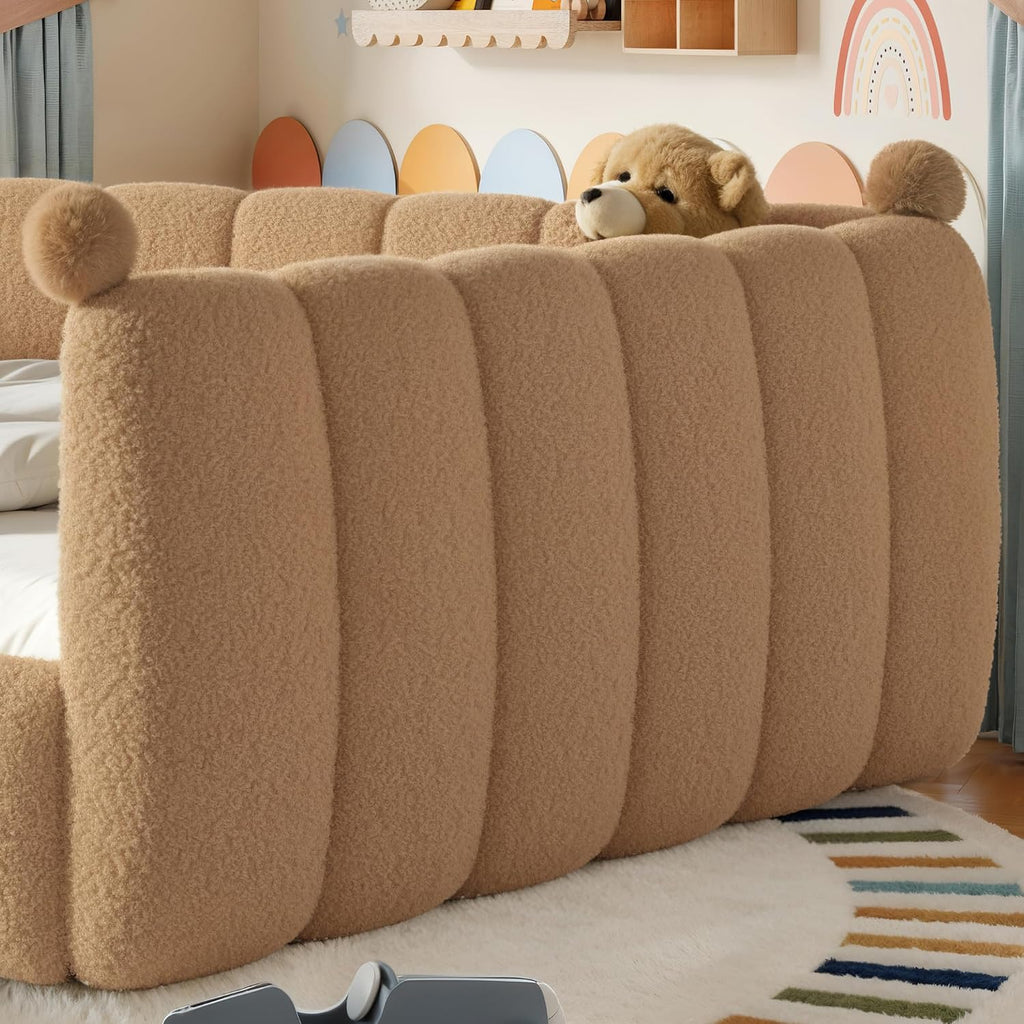 Queen Size Teddy Fleece Upholstered Montessori Floor Bed with Fence,Low Profile Kids Bed Frame with Full Padded