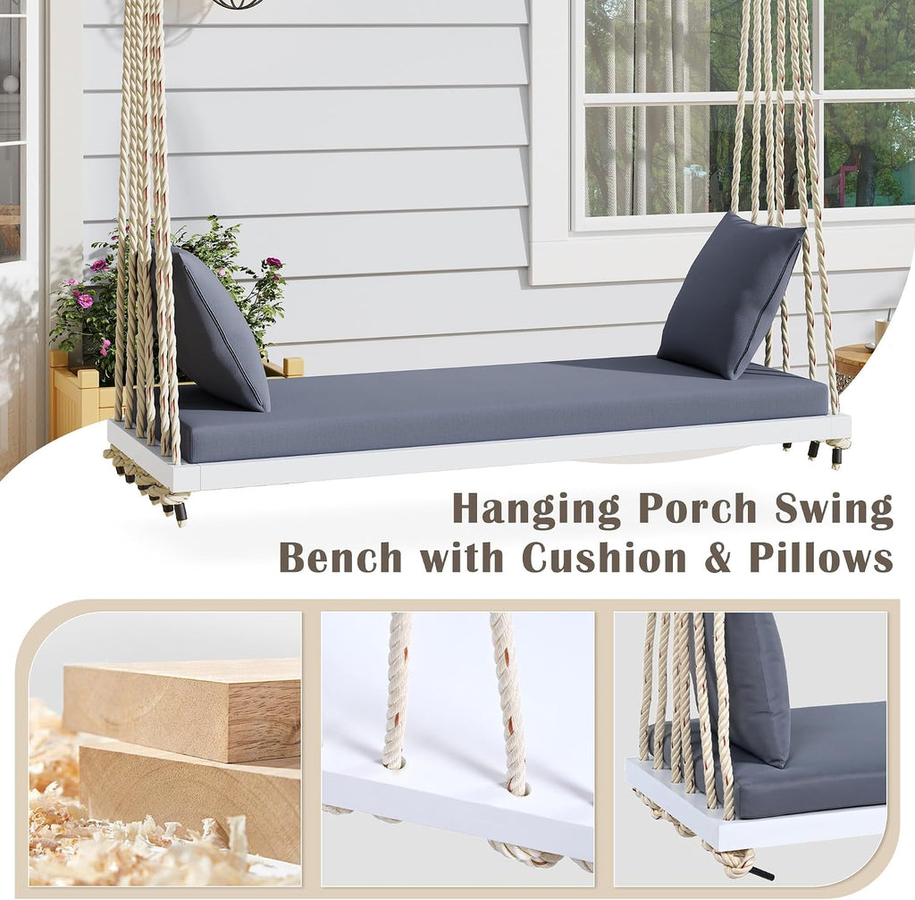 White Wooden Porch Swing Bed with Thick Grey Cushion, 2-Seater Hanging Daybed Swing with Braided Ropes, Outdoor Patio