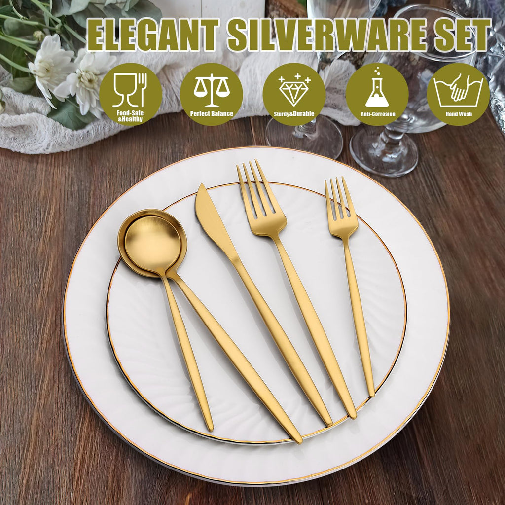 40 Piece Gold Silverware Set for 8, Stainless Steel Flatware Set, Gold Cutlery Set Utensils Set, Tableware Include