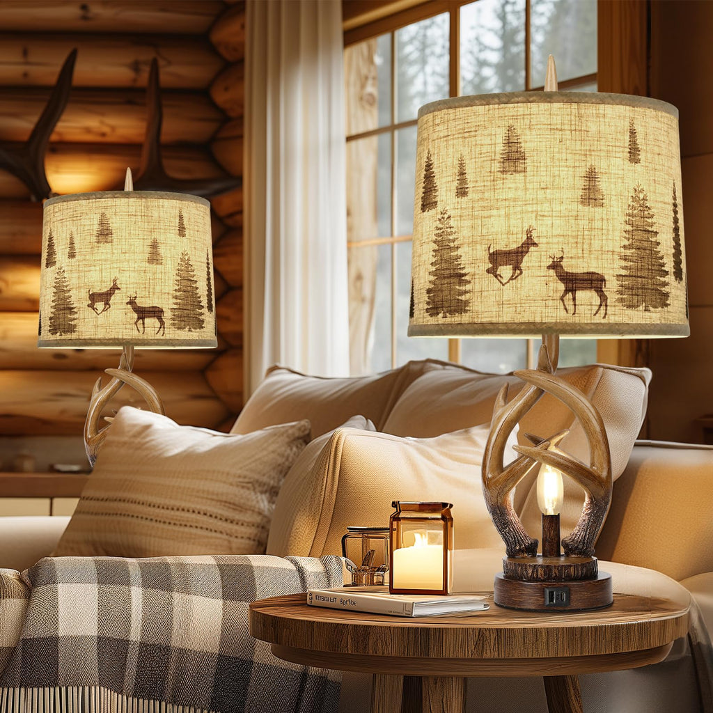 Rustic Farmhouse Antlers Table Lamp Set of 2 with Night Light