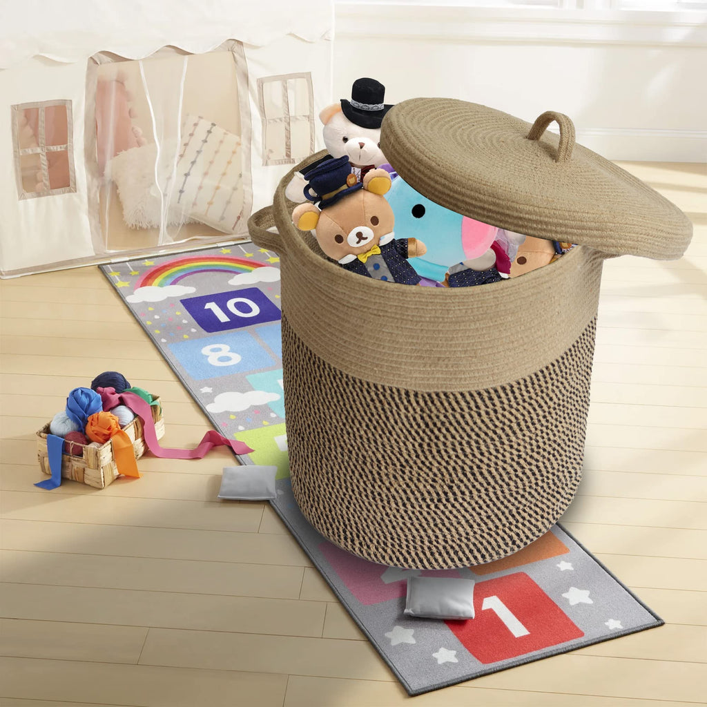 Extra Large Storage Basket with Lid 60L, 16"Wx18"H Woven Laundry Hamper Basket with Handle, Jute Rope Wicker Basket