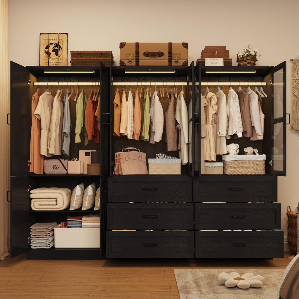 75" Tall Farmhouse 6 Doors Armoire Wardrobe Closet with 6 Drawers and LED, Freestanding Closet Wardrobe Cabinet with