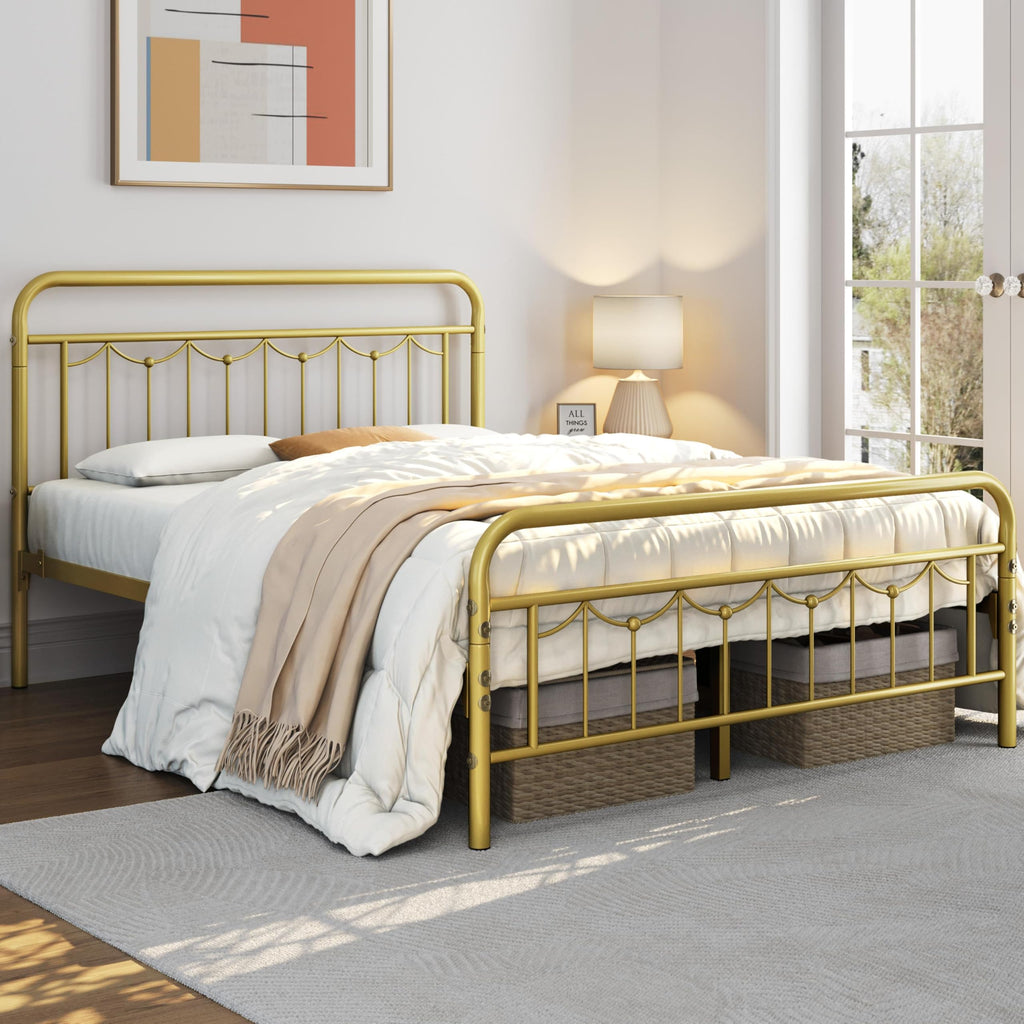 Queen Metal Bed Frame with Vintage Spindle Headboard Antique Gold