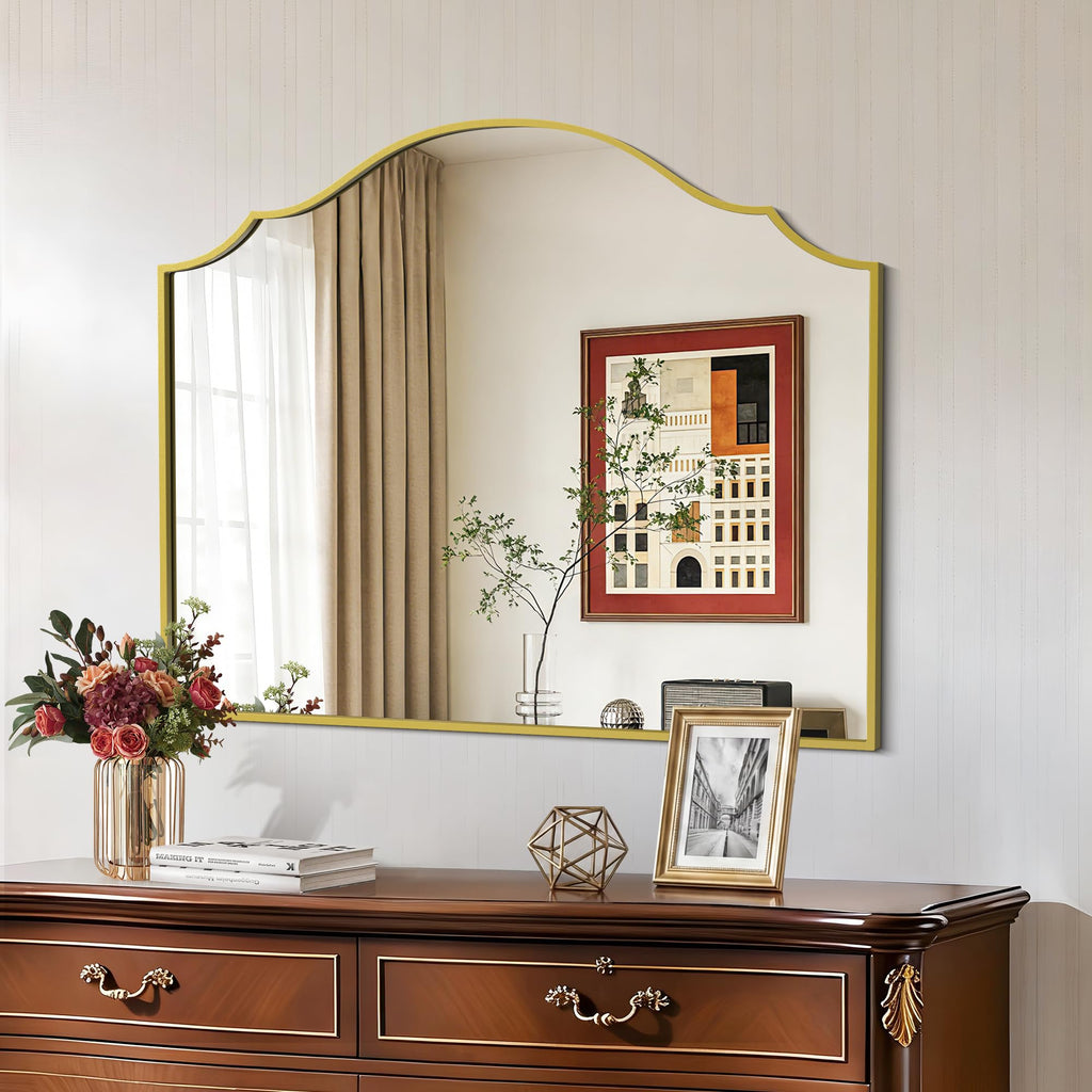 Scalloped Arched Mirror, 36"x30" Gold Mantel Mirror with Metal Frame, Decorative Vintage Wall Mirror Vanity