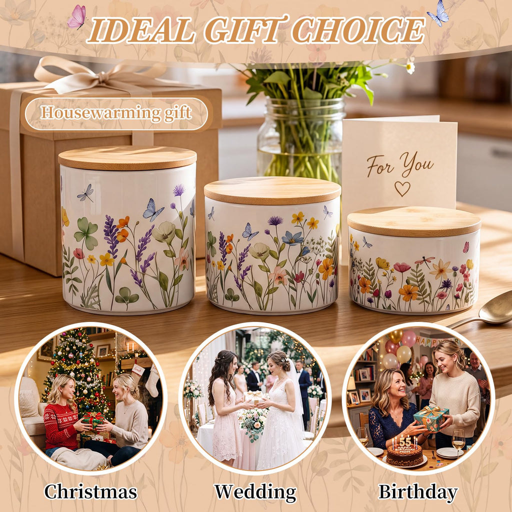 Floral Ceramic Canisters Set with Wooden Airtight Lids, Set of 3
