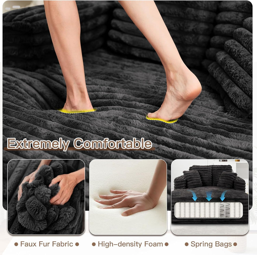 56" Oversized Chaise Lounge Chair Indoor,Plush Faux Fur Sleeper Sofa Couch Bed with Pillows&Wide Armrests,Fluffy