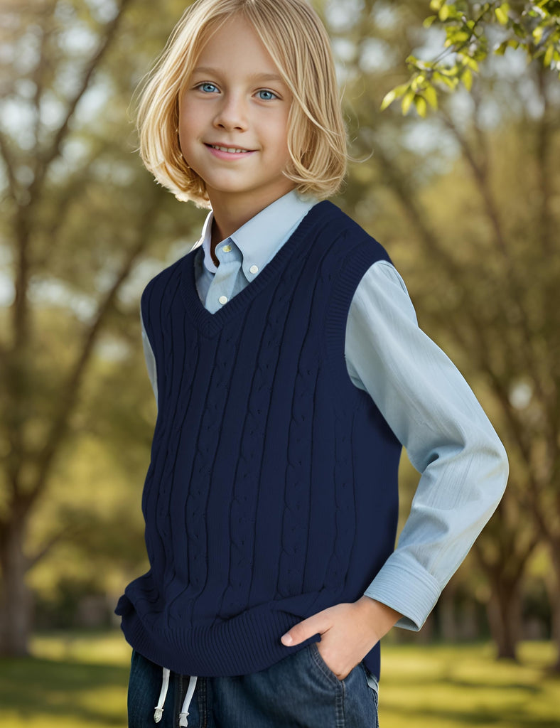 Unisex Cable Knit 100% Cotton Toddler Uniform Vest for Little Big Childrens Kids Teenage Girls Classic Navy