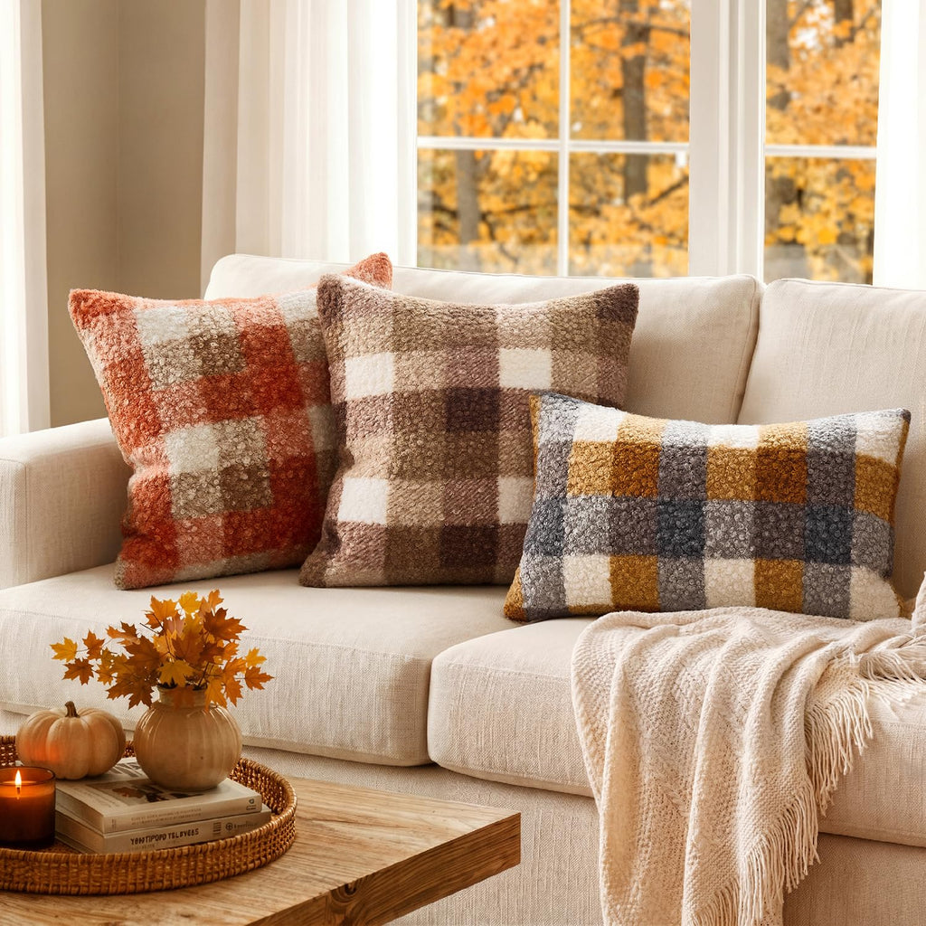 Fall Plaid Pillow Covers Boucle Orange 18x18 Set of 2