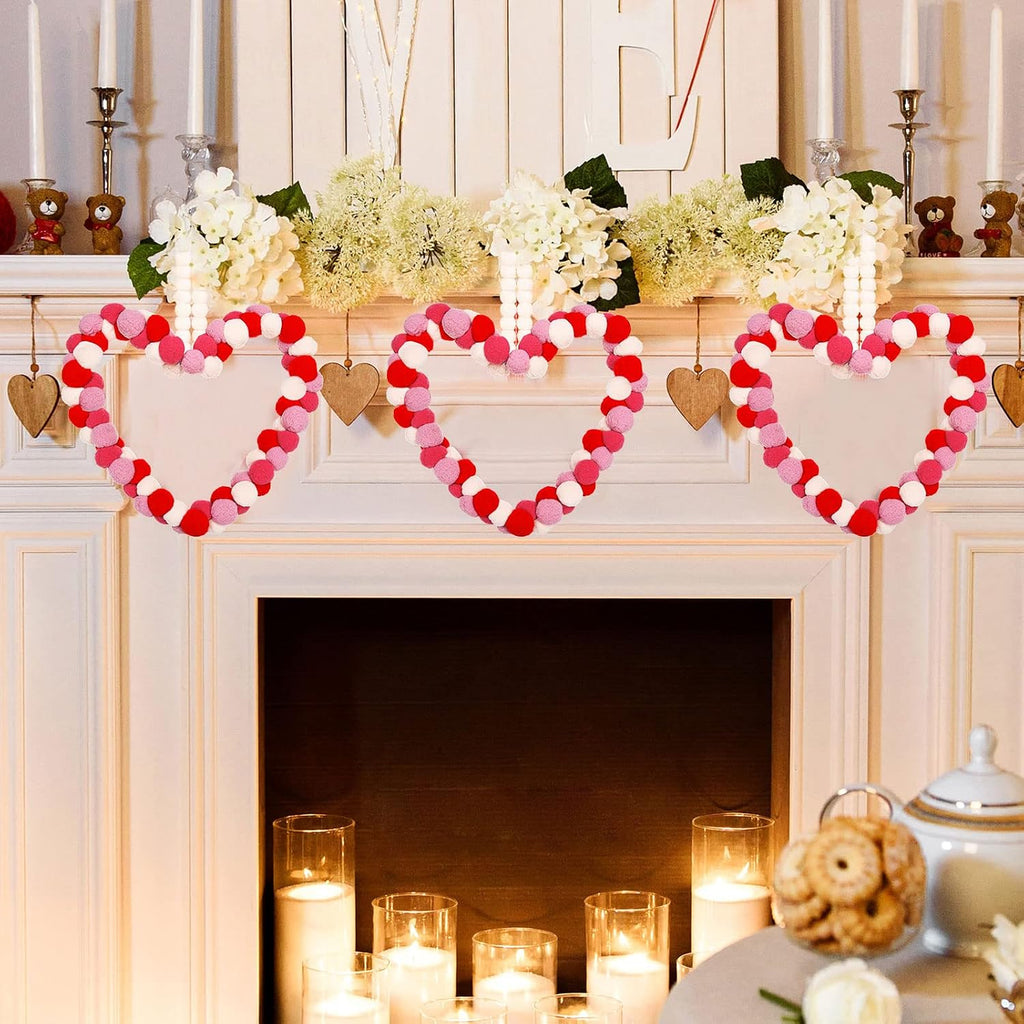Valentine's Day Felt Pom Pom Wreath - 10 Inch Heart Shape Style Front Door Decor