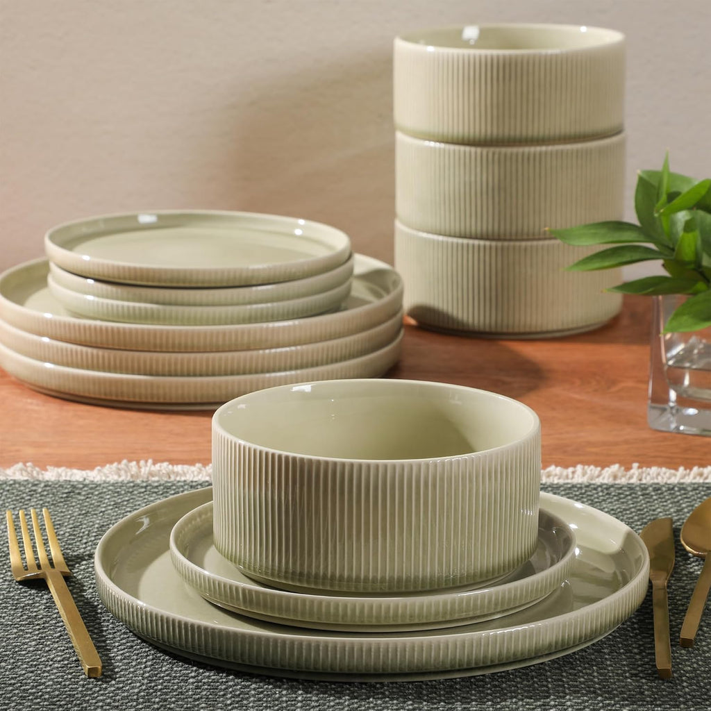 Solana Coast 12 Piece Stoneware Reactive Glaze (Service for 4) Ceramic Plates and Bowls Modern Shape Embossed