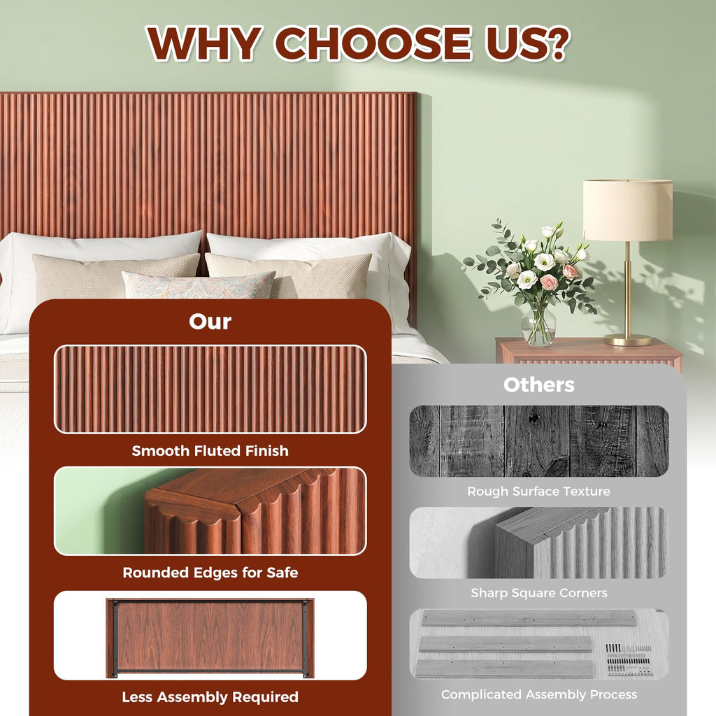 65.4'' Fluted Headboard Queen, Wooden Queen Headboard Only, Modern Farmhouse & Vintage Fluted Panel, Walnut