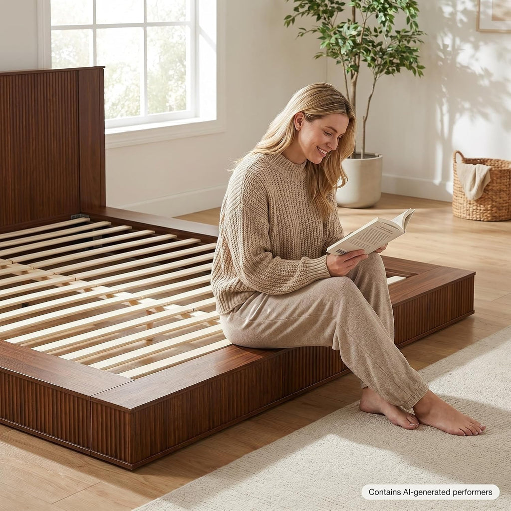 Japanese Wooden Floor Bed Frame King with Walnut Headboard