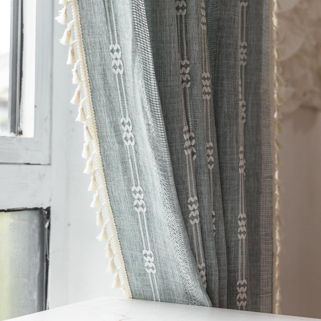 Boho Embroidery Striped Farmhouse Curtains - 84 Inch Long, 2 Panel Set, Blue Linen, Tassel, Semi-Blackout (52" W x
