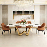78.74" Sintered Stone Dining Table for 6-8, Modern Luxury White & Gold Rectangle Kitchen Table with Stone Slate