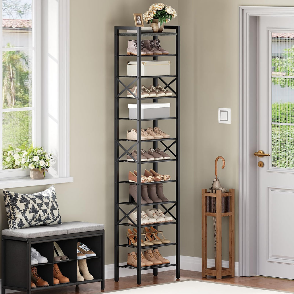 12-Tier Narrow Shoe Rack, Tall Shoe Rack for 12-24 Pairs, Slim Shoe Storage Organizer with Wooden Top, Space Saving