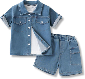 Klyatpxen 2Pcs Toddler Boys Denim Outfit Short Sleeve Button Up Jean Jacket Denim Shorts Summer Spring Clothing Set