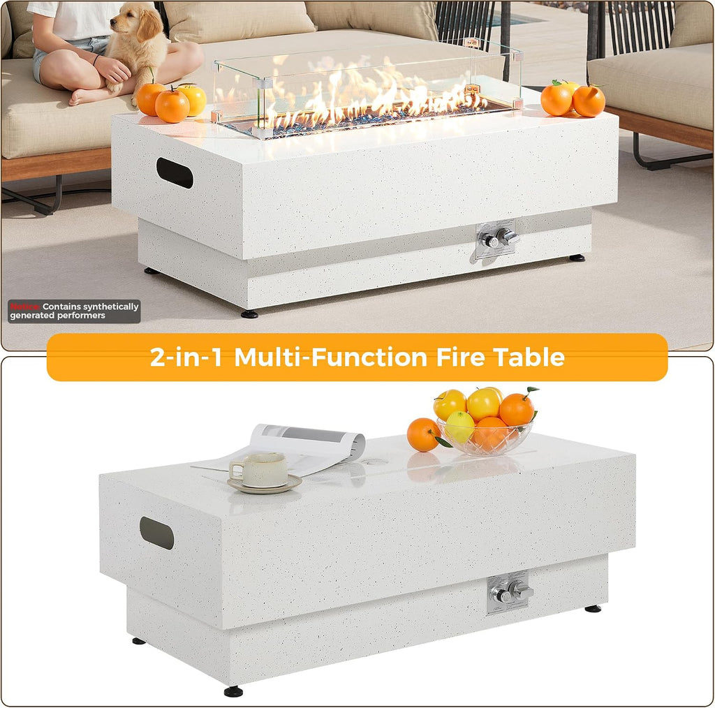 43-inch Outdoor Propane Fire Pit Table w Tank Table, CSA Certified, 2 in 1 Rectangular Patio Fire Pit w Glass Rocks